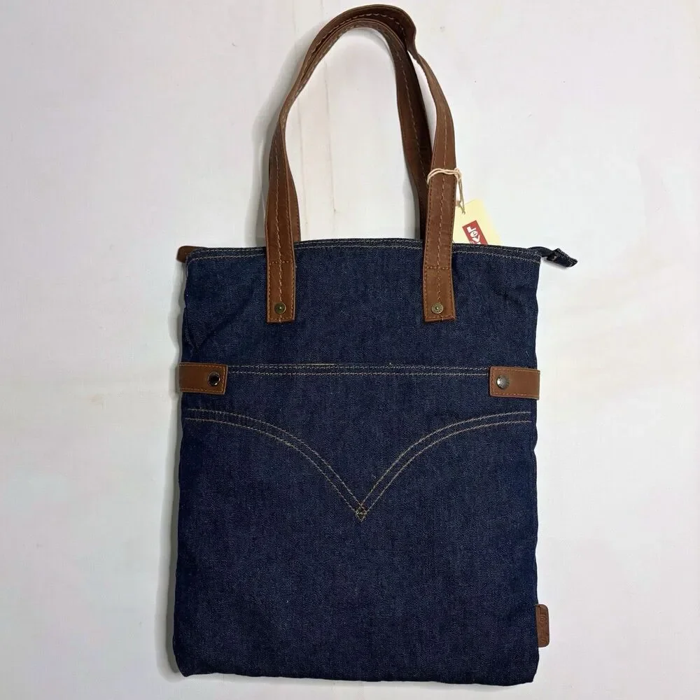 NWT Levi's Denim Tote Purse Navy Blue Indigo Jean Shoulder Farmers Market Bag 90